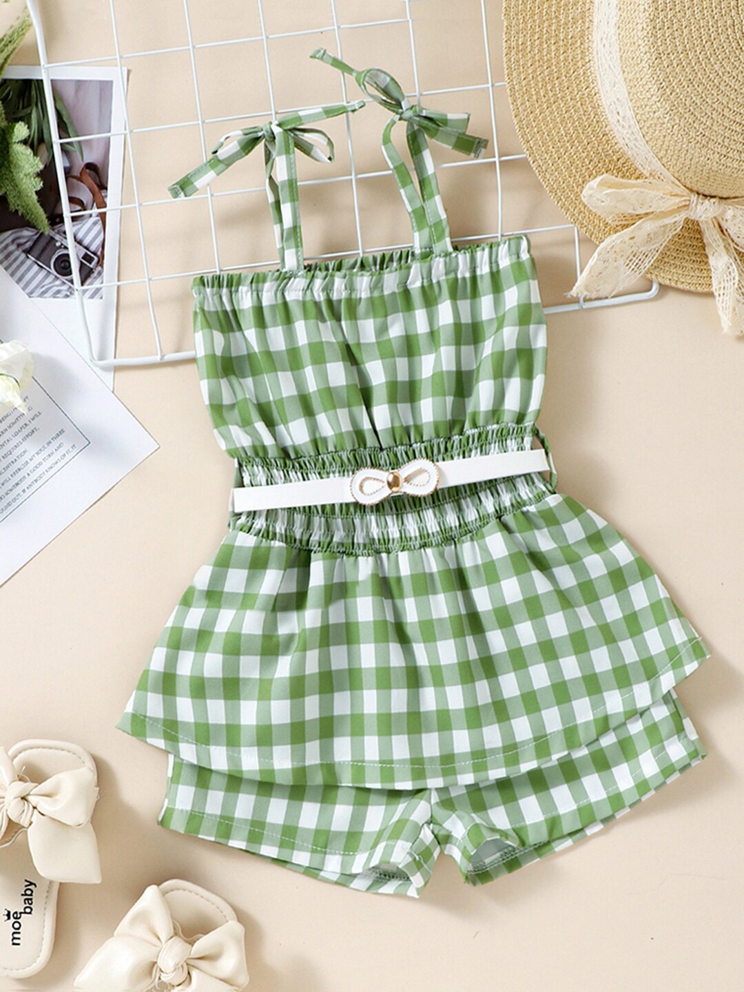 

INCLUD Girls Checked Cotton Basic Playsuit, Green