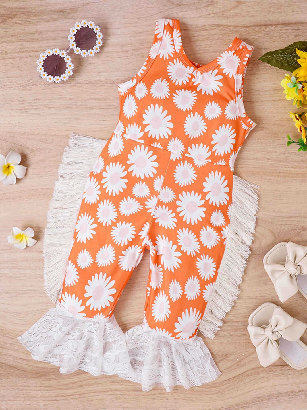 

INCLUD Girls Printed Basic Jumpsuit, Orange