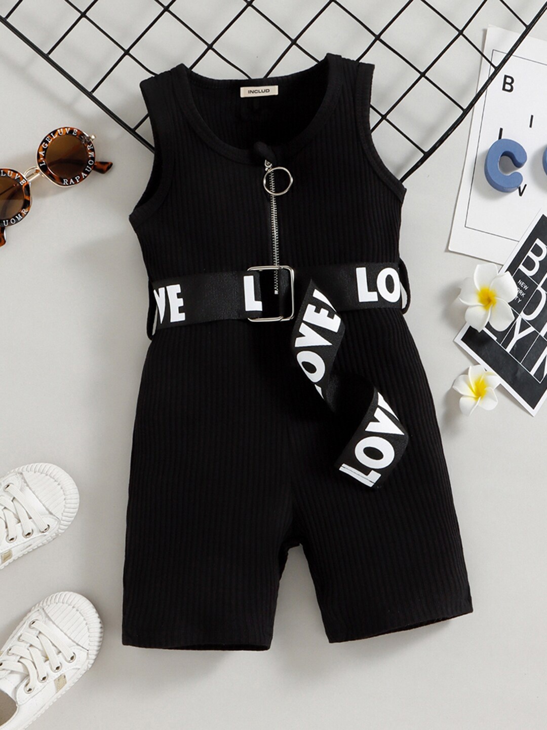 

INCLUD Girls Cotton Basic Jumpsuit With Belt, Black