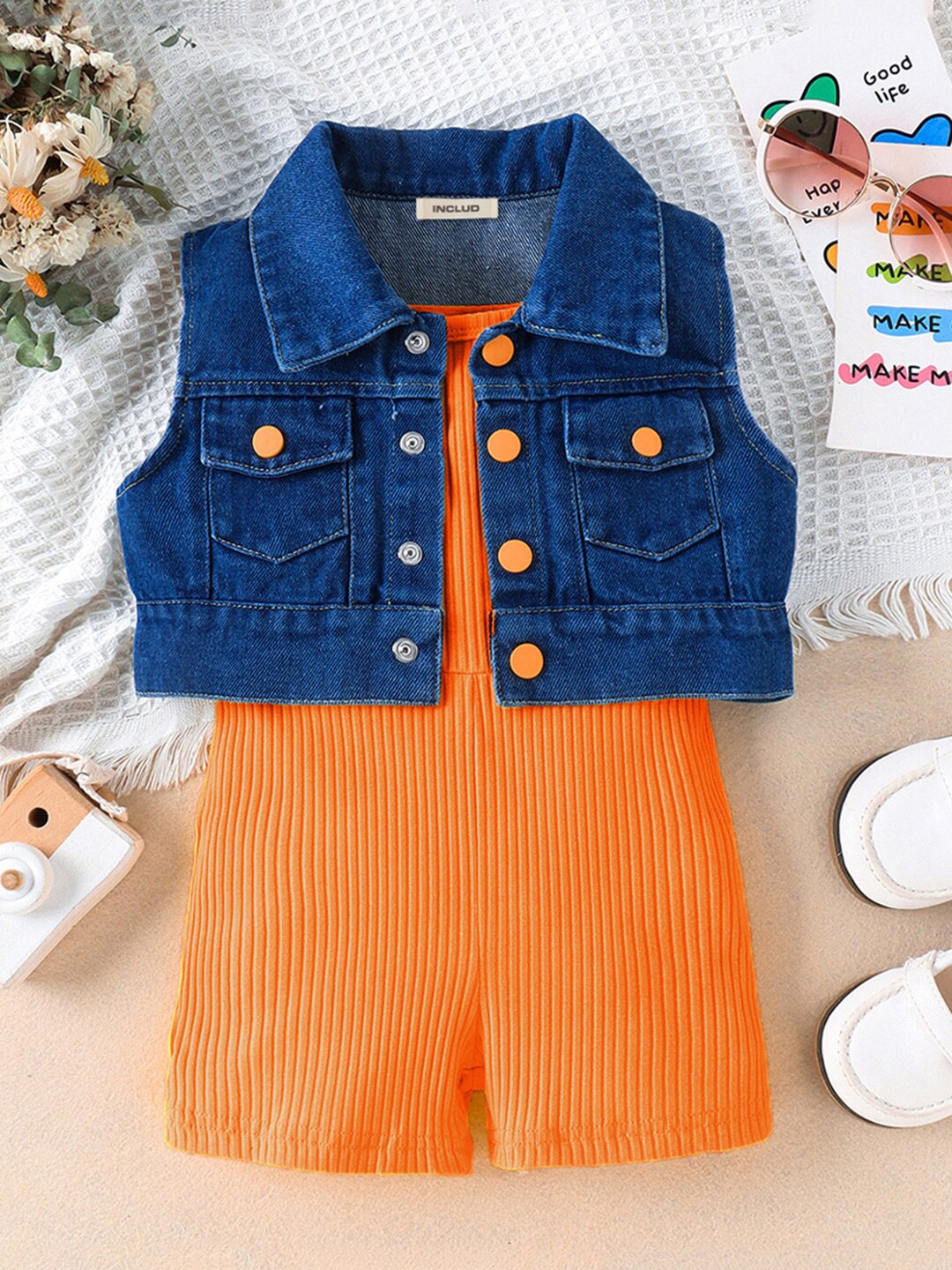 

INCLUD Girls Shoulder Straps Cotton Playsuit With Denim Jacket, Orange