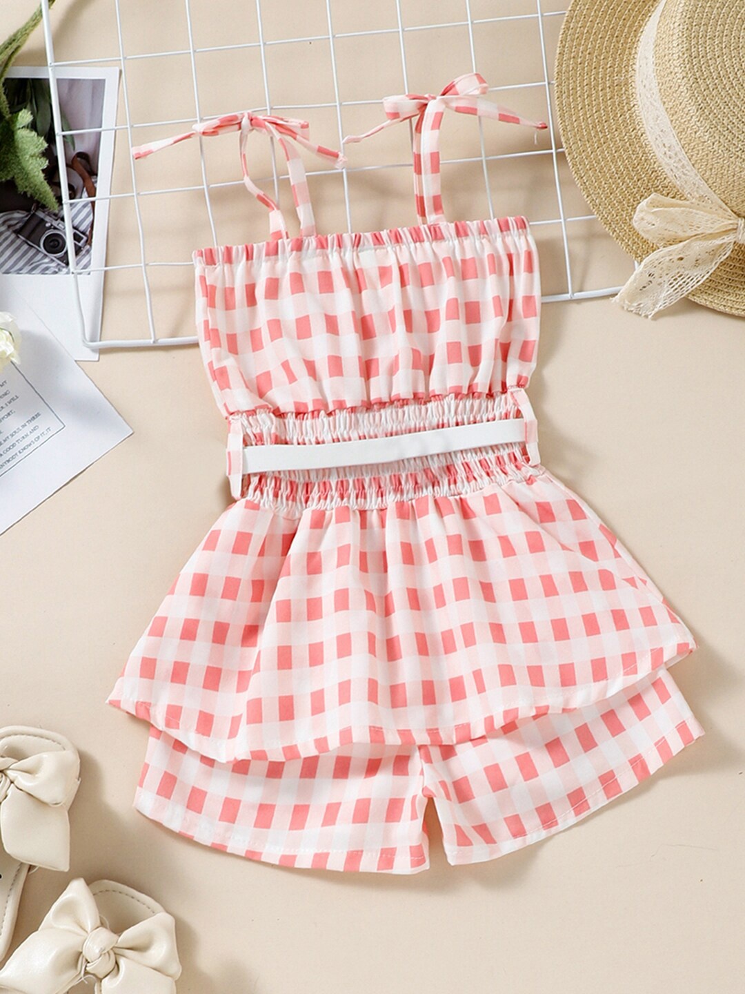 

INCLUD Girls Checked Cotton Basic Playsuit, Pink