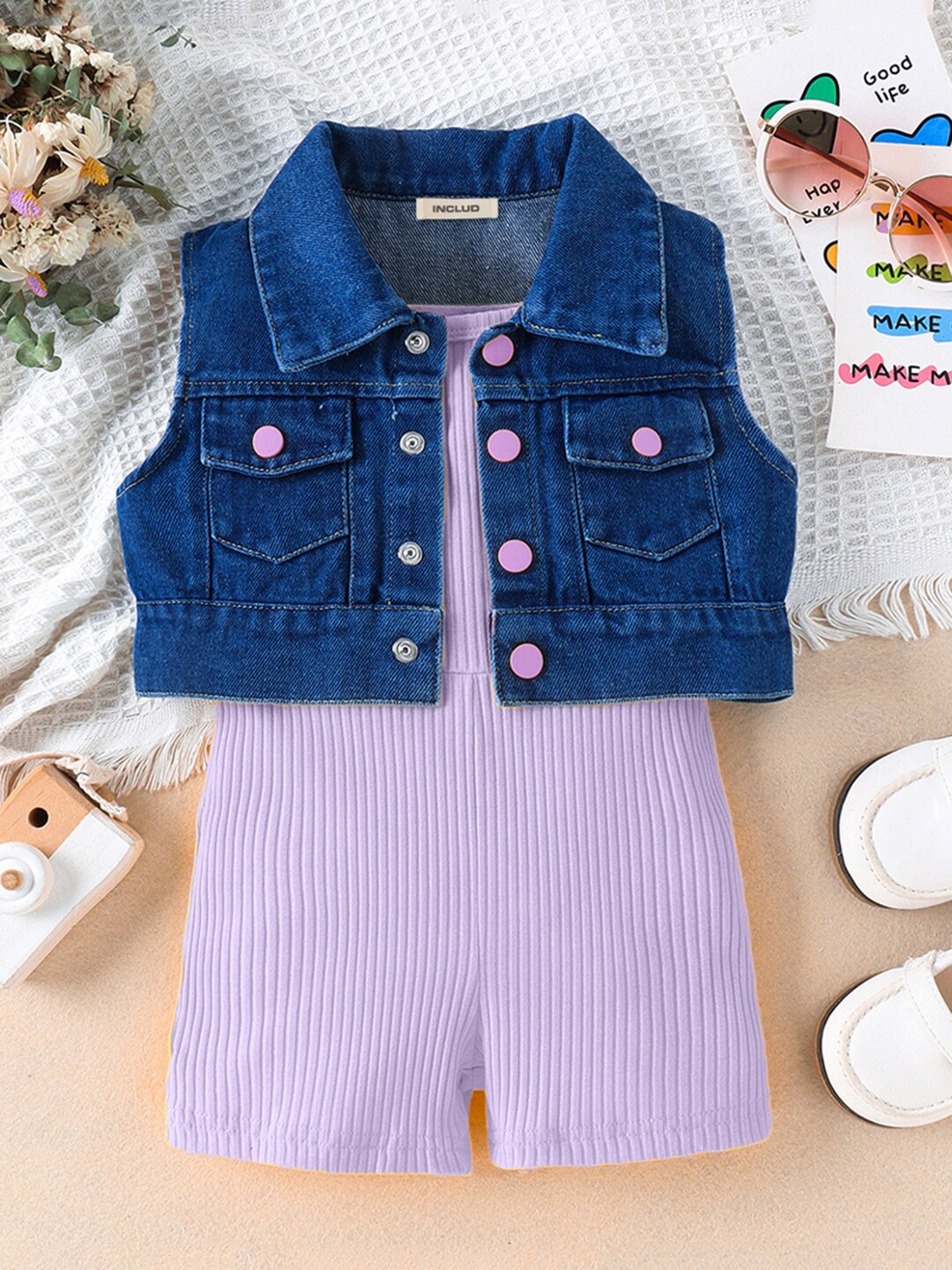 

INCLUD Girls Shoulder Straps Cotton Playsuit With Denim Jacket, Purple