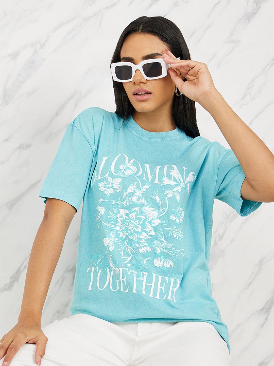 Styli Oversized Blooming Together Graphic Print Longline T-Shirt, Blue