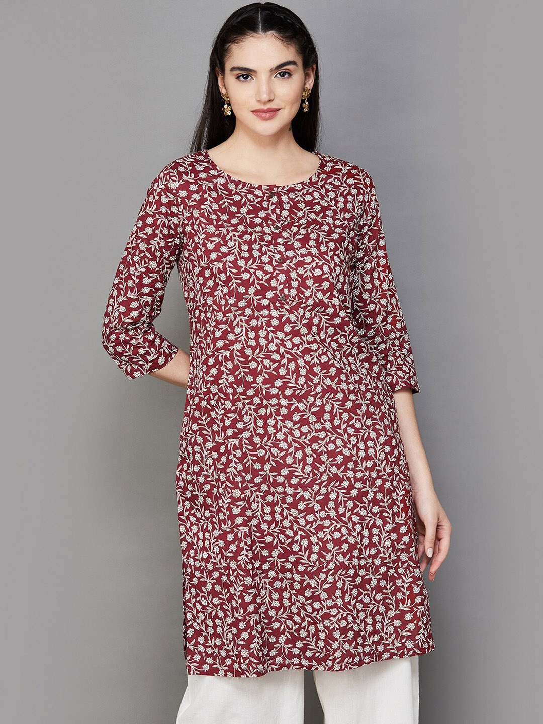 

Melange by Lifestyle Floral Printed Cotton Straight Kurta, Maroon