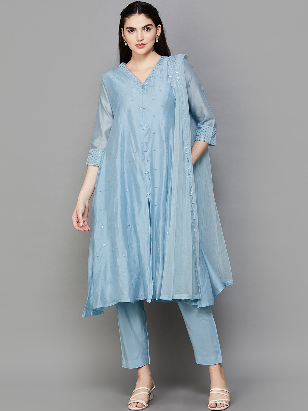 

Melange by Lifestyle Women Embroidered Regular Sequinned Chanderi Silk Kurta with Pyjamas & With Dupatta, Blue