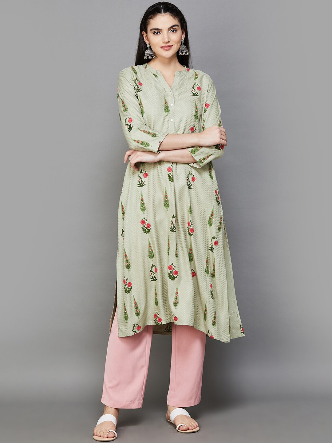 

Melange by Lifestyle Floral Printed Mandarin Collar Three-Quarter Sleeves Kurta, Olive