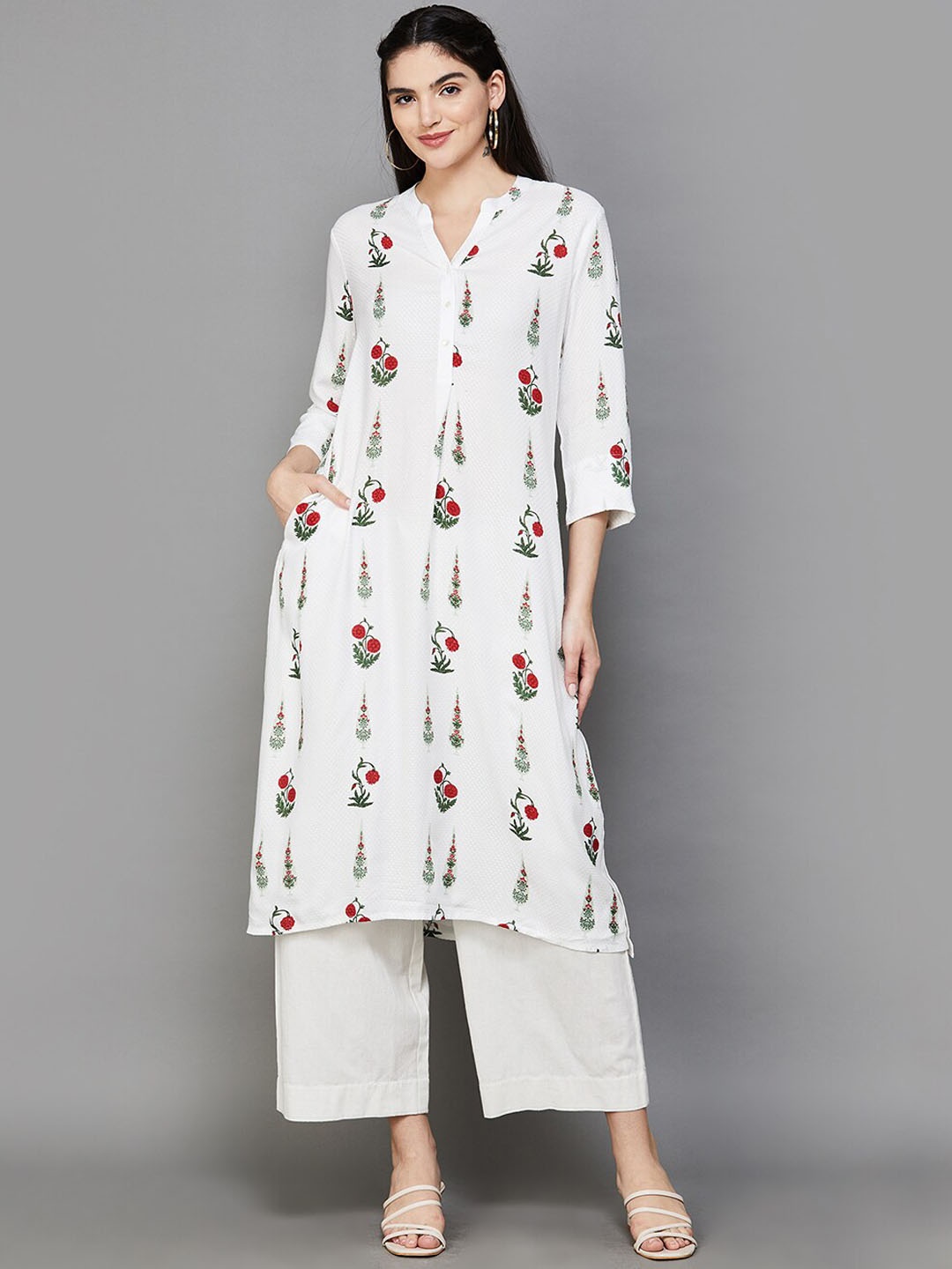 

Melange by Lifestyle Floral Printed Mandarin Collar Three-Quarter Sleeves Kurta, Off white