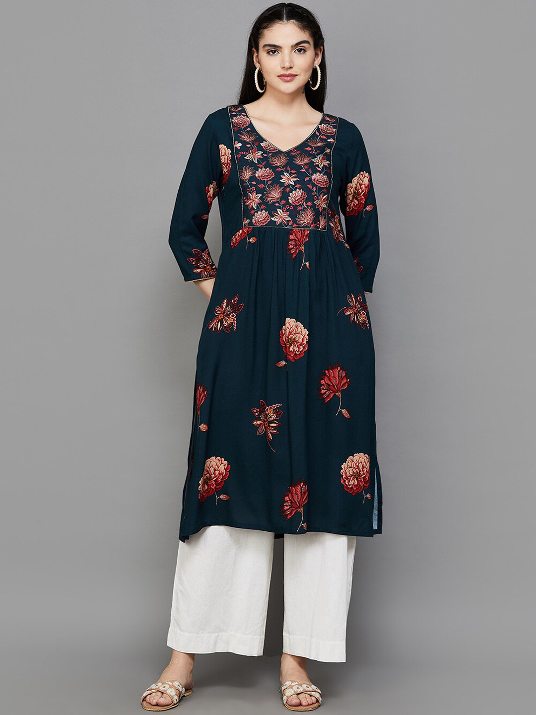

Melange by Lifestyle Floral Embroidered V-Neck Thread Work Pleated Anarkali Kurta, Teal