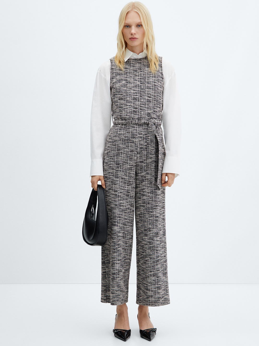 

MANGO Tweed Jumpsuit with Belt, White