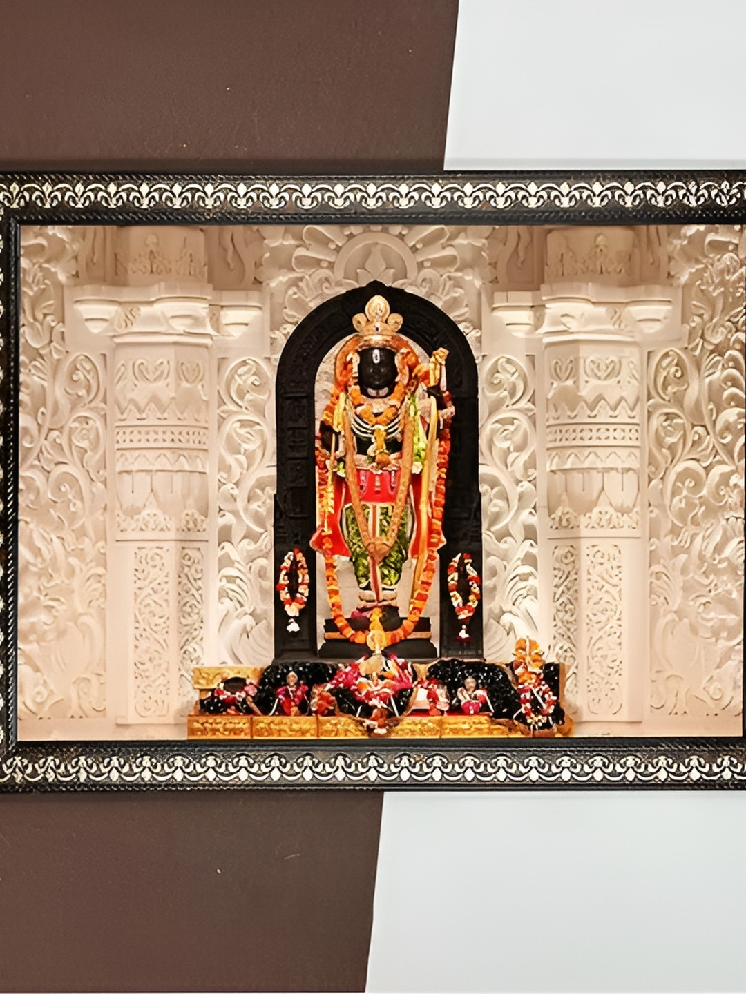 

CraftVatika Beige & Red Shri Ram Lalla Idol Wooden Framed Wall Art