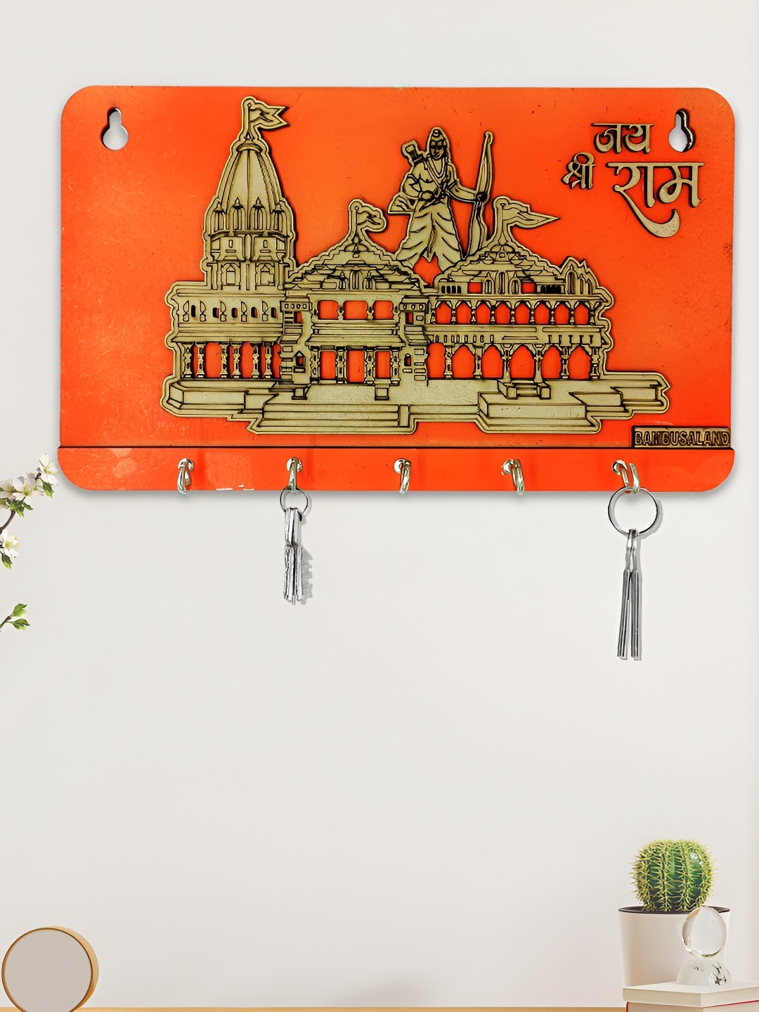 

CraftVatika Ram Mandir Ayodhya Model Wooden Hanging Key Chain Holder for Wall, Multi