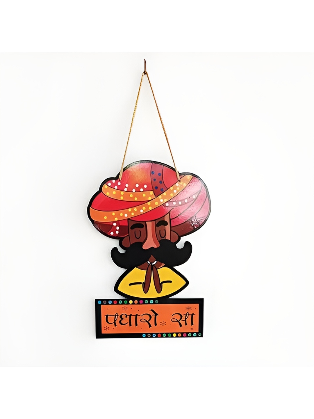 CraftVatika Orange & Yellow Wooden Padharo Sa Printed Hanging Wall Decor