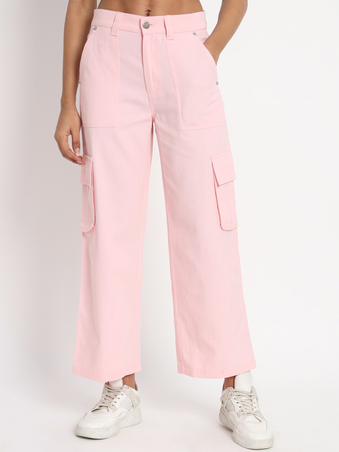 

VividArtsy Women Mid-Rise Straight Fit Cargos Trousers, Pink