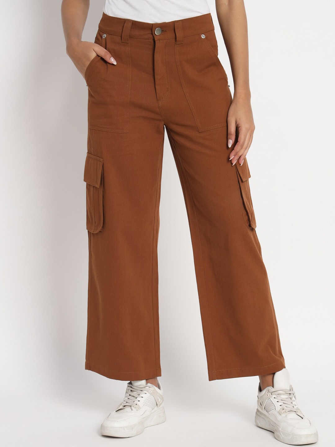 

VividArtsy Women Straight Fit Cargos Trousers, Brown