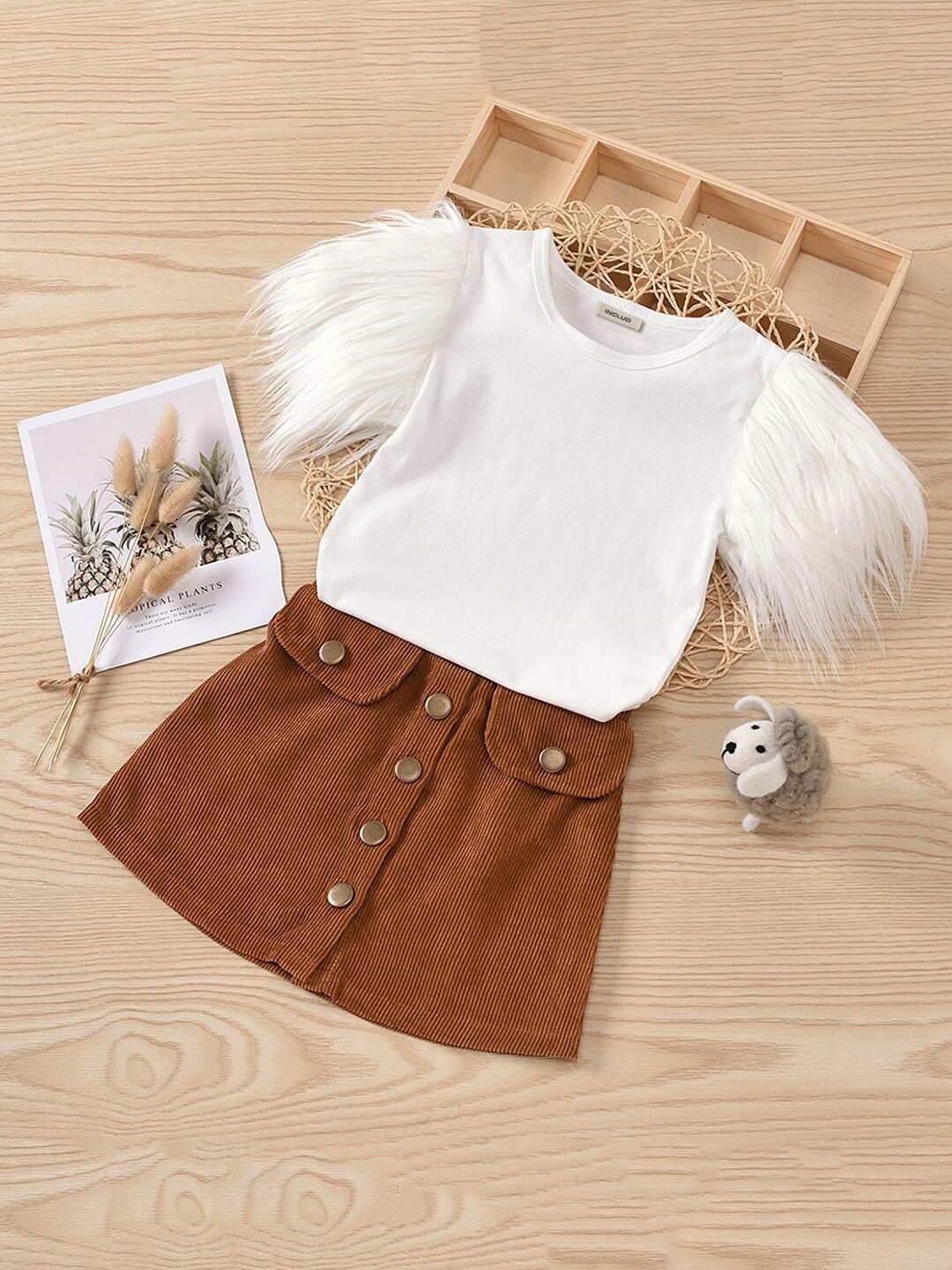 INCLUD Girls Round Neck Top With Skirt, White
