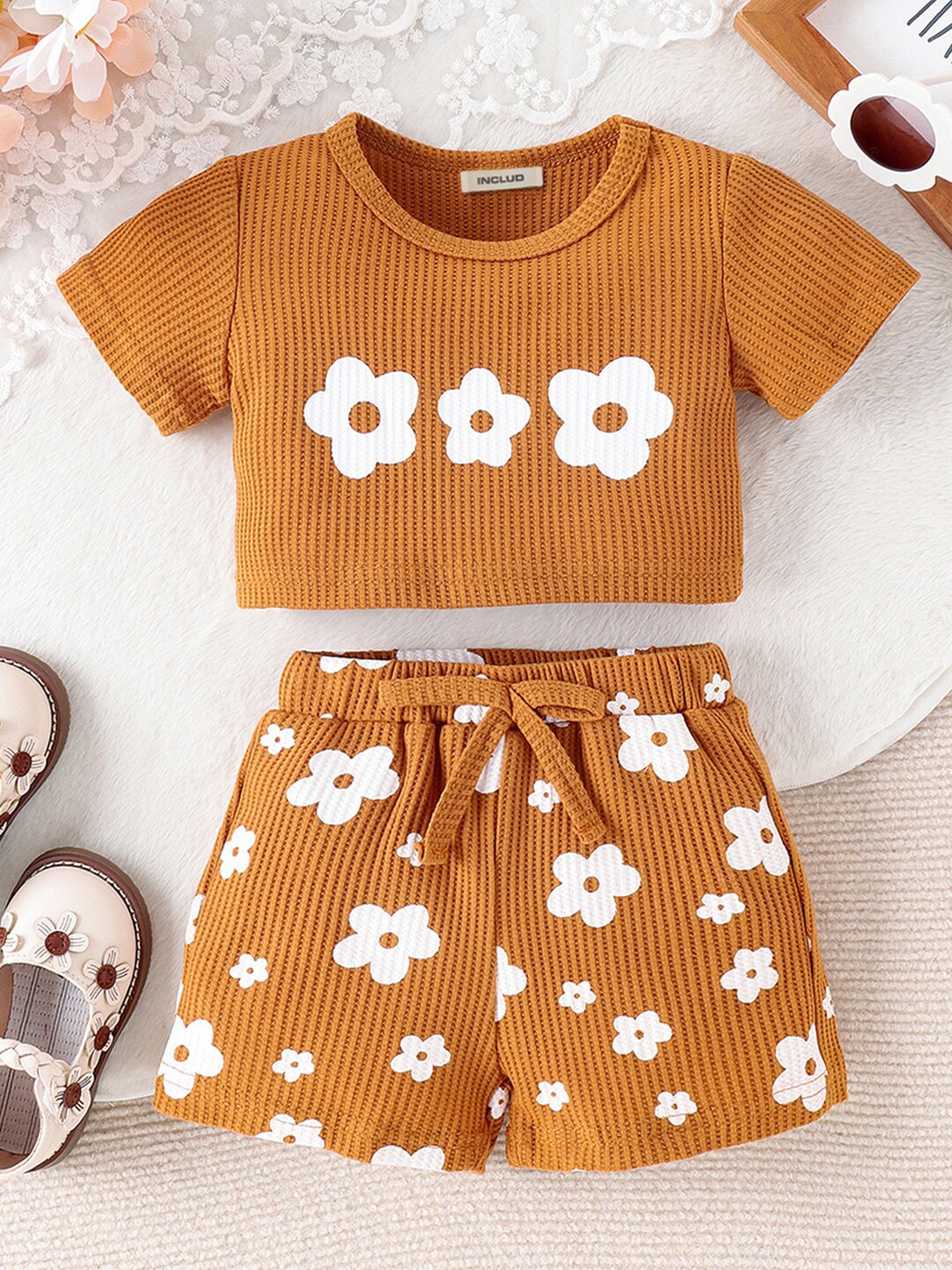

INCLUD Girls Floral Printed Waffle Knit Top With Elasticated Shorts, Yellow