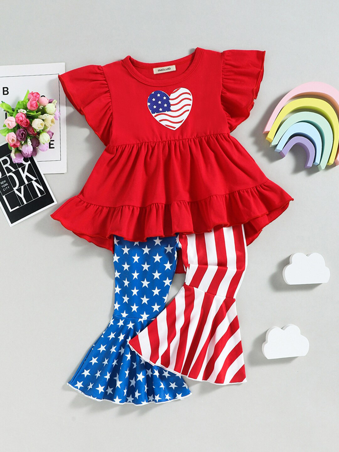 

INCLUD Girls Printed Top With Trousers, Red