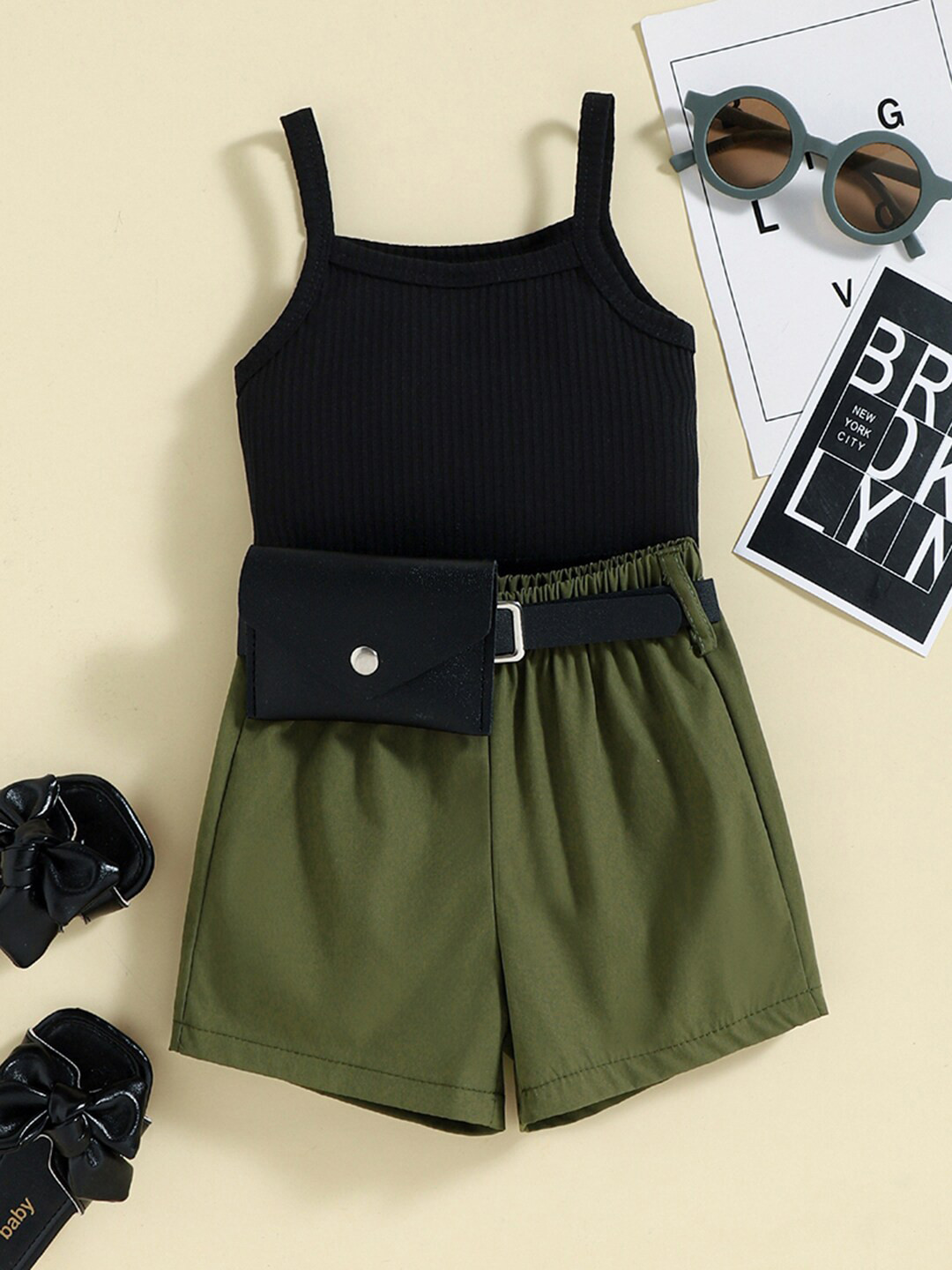 

INCLUD Girls Shoulder Straps Camisole Top With Elasticated Shorts, Black