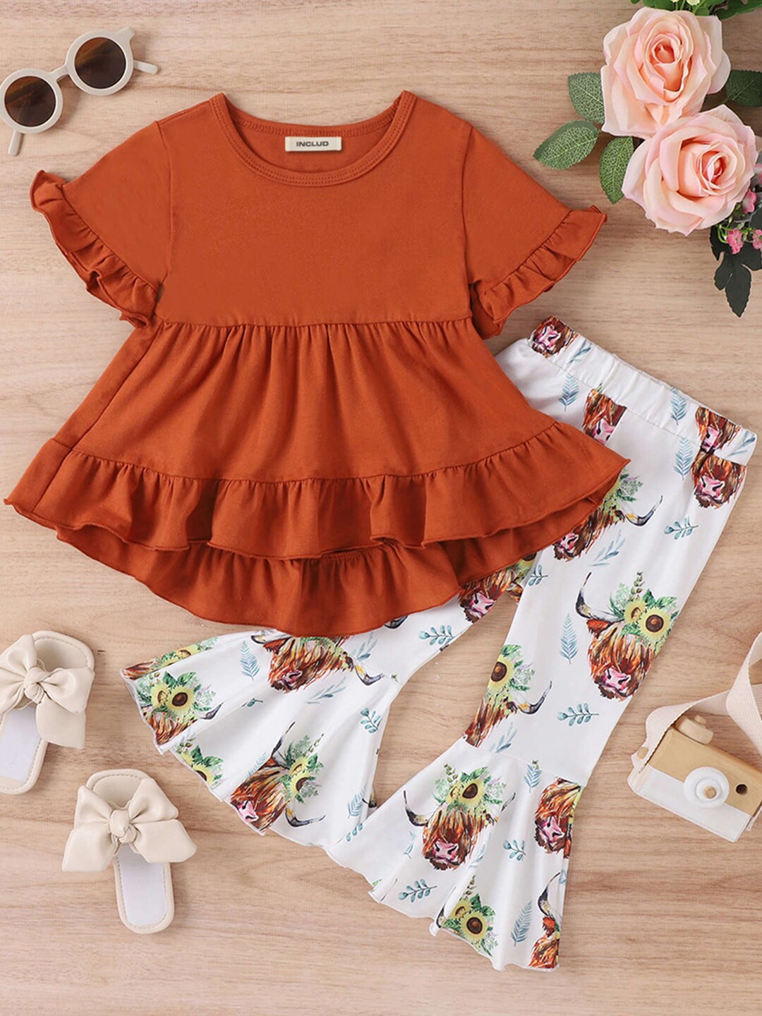 

INCLUD Girls Round Neck Top With Palazzos, Brown