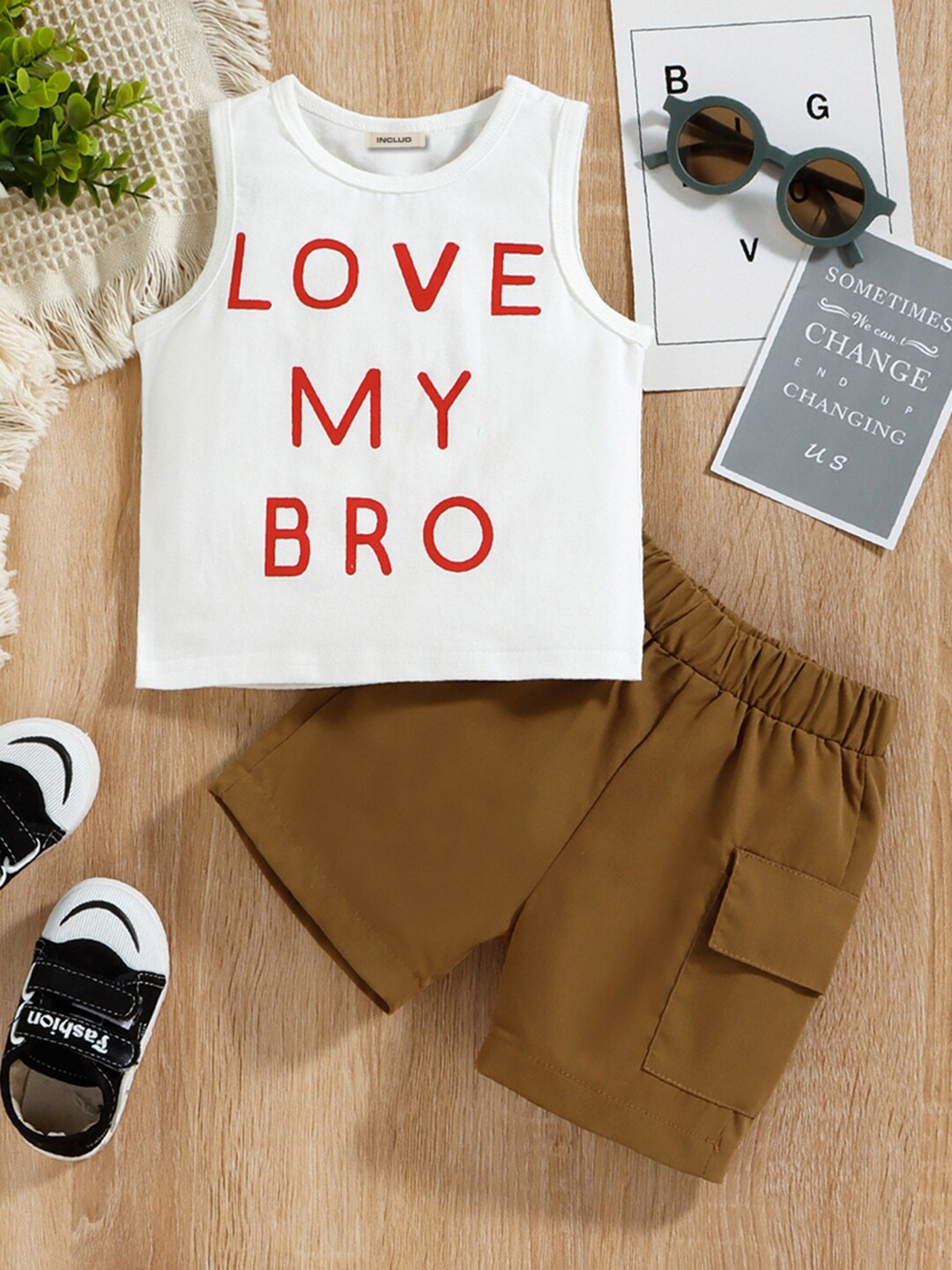 

INCLUD Boys Sleeveless Typography Printed Vest With Elasticated Shorts, White