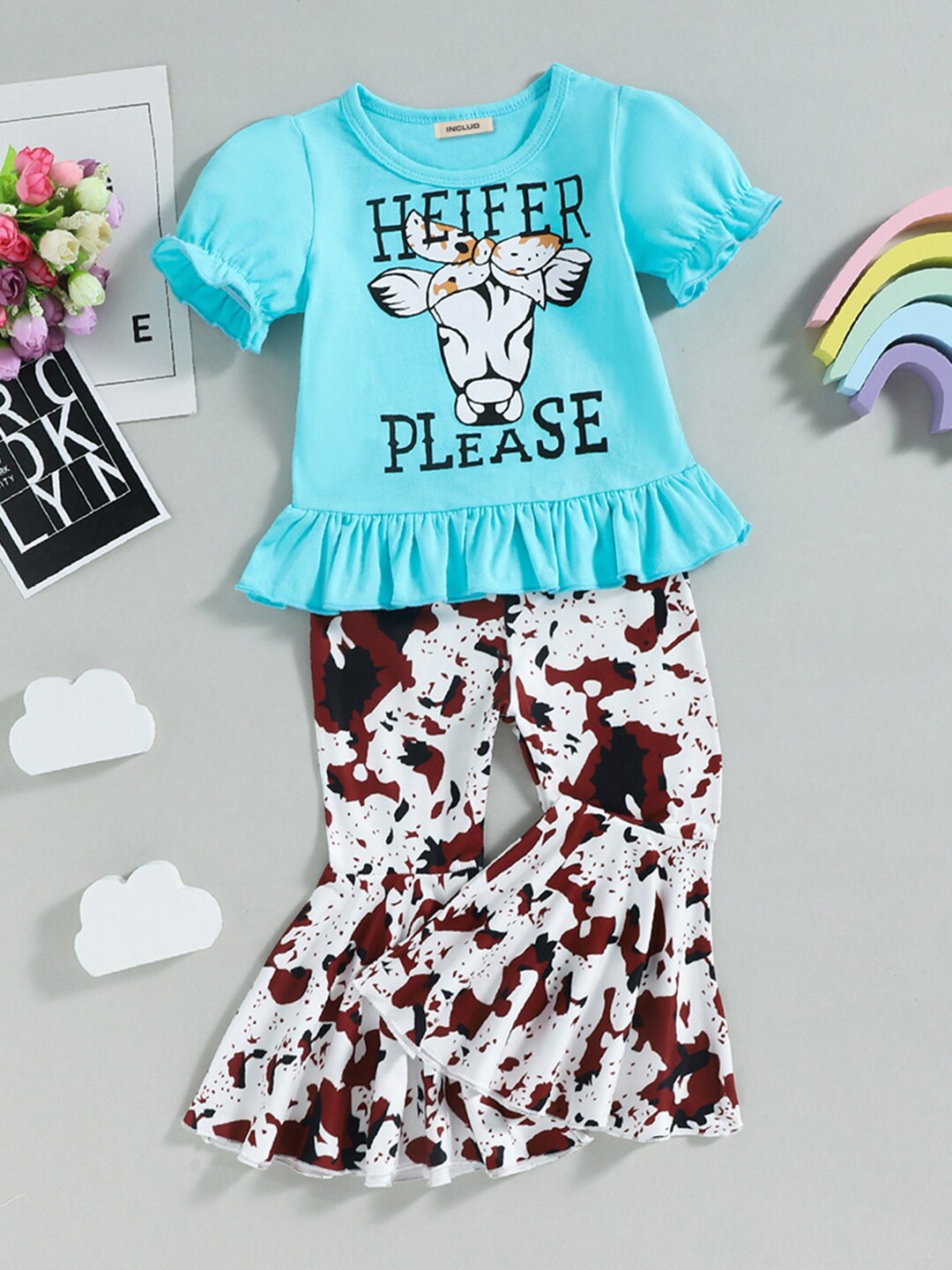 

INCLUD Girls Puff Sleeve Top With Printed Wide Leg Pants, Blue