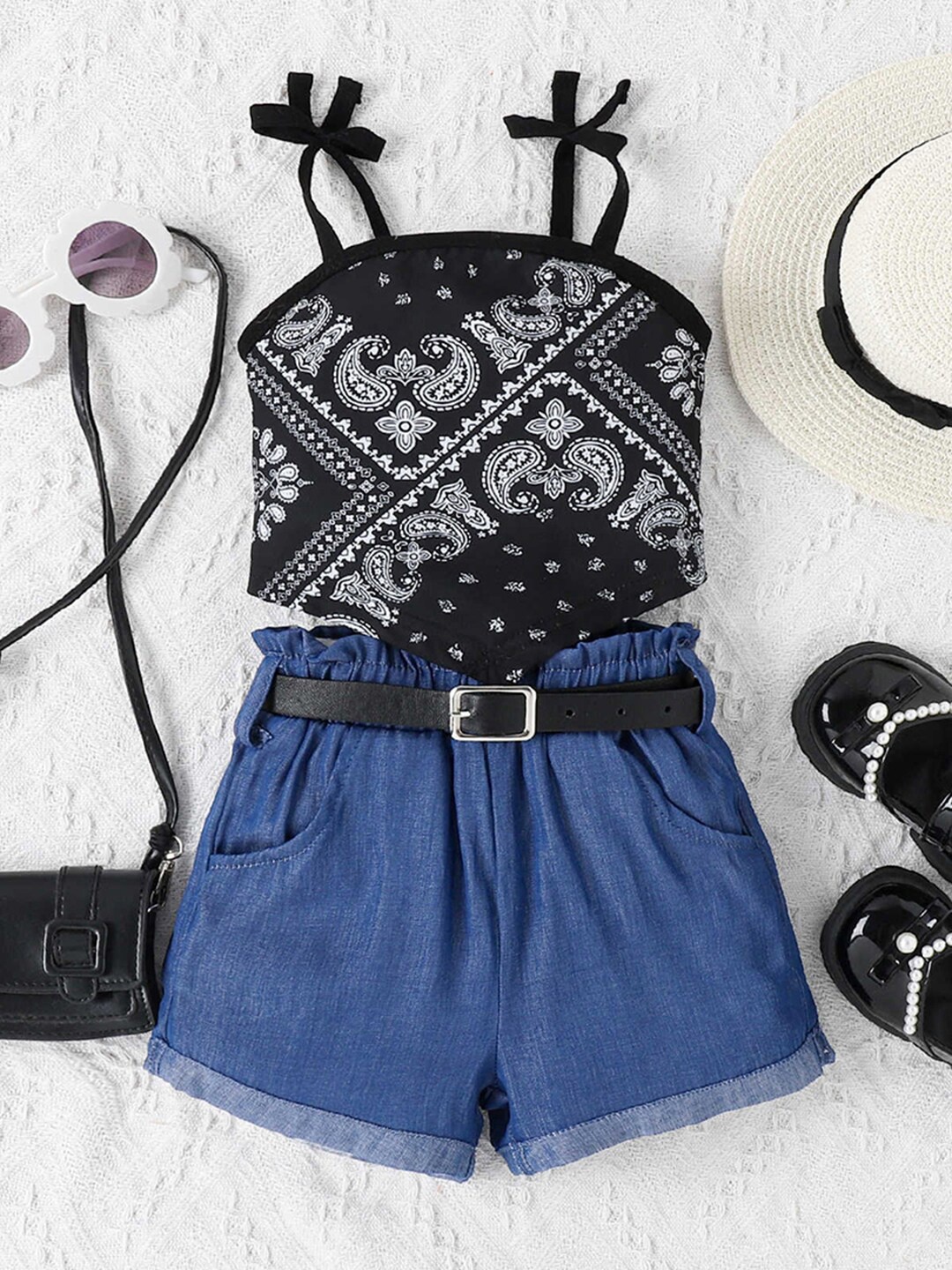 

INCLUD Girls Paisley Printed Top With Denim Shorts & Belt, Black