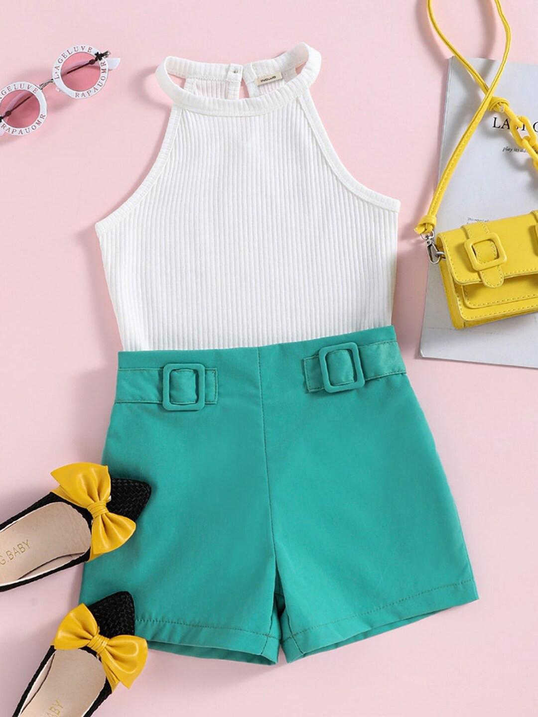 

INCLUD Girls Halter Neck Sleeveless Top with Shorts, White