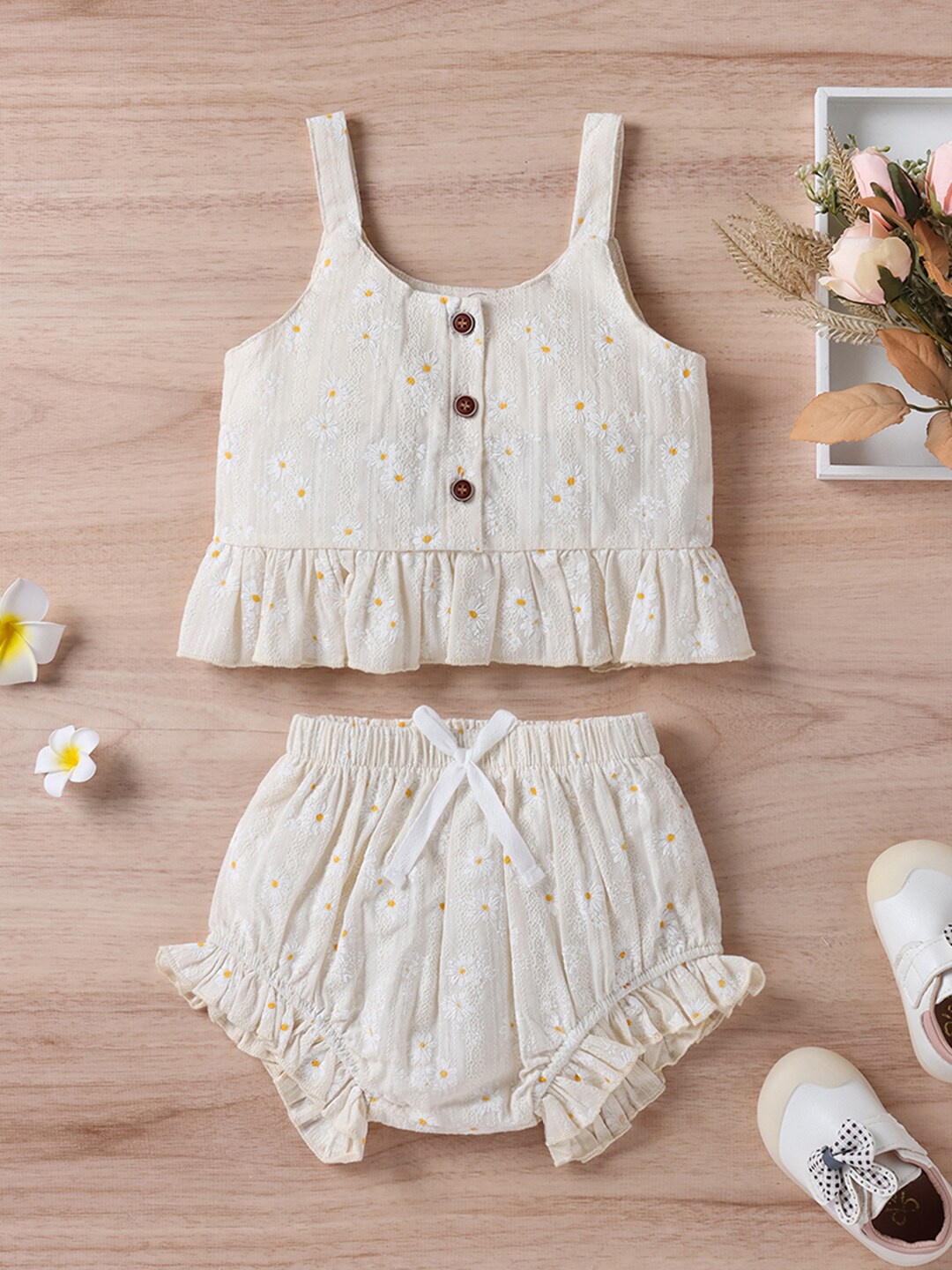

INCLUD Girls Shoulder Straps Camisole Printed Top with Shorts, Beige