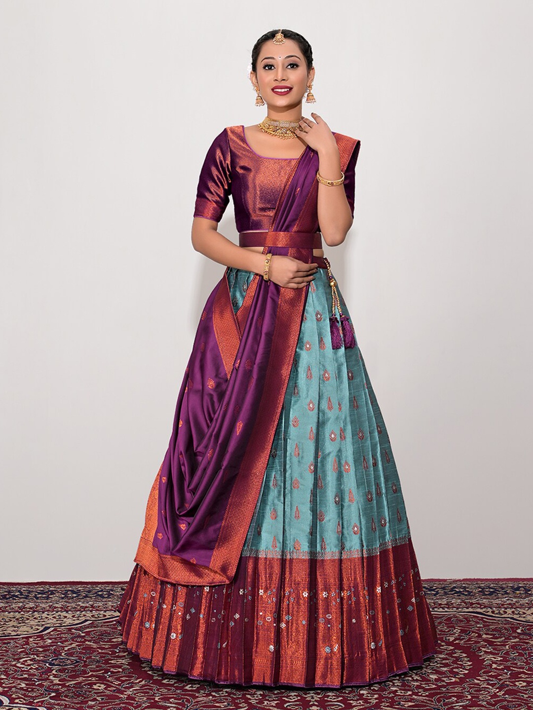 

HALFSAREE STUDIO Semi-Stitched Banarasi Silk Lehenga & Unstitched Blouse With Dupatta, Blue