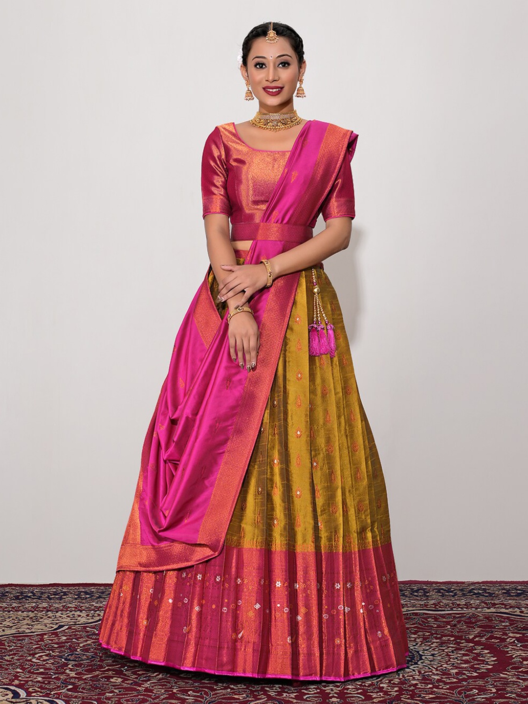 

HALFSAREE STUDIO Woven Design Unstitched Lehenga & Semi-Stitched Blouse With Dupatta, Mustard