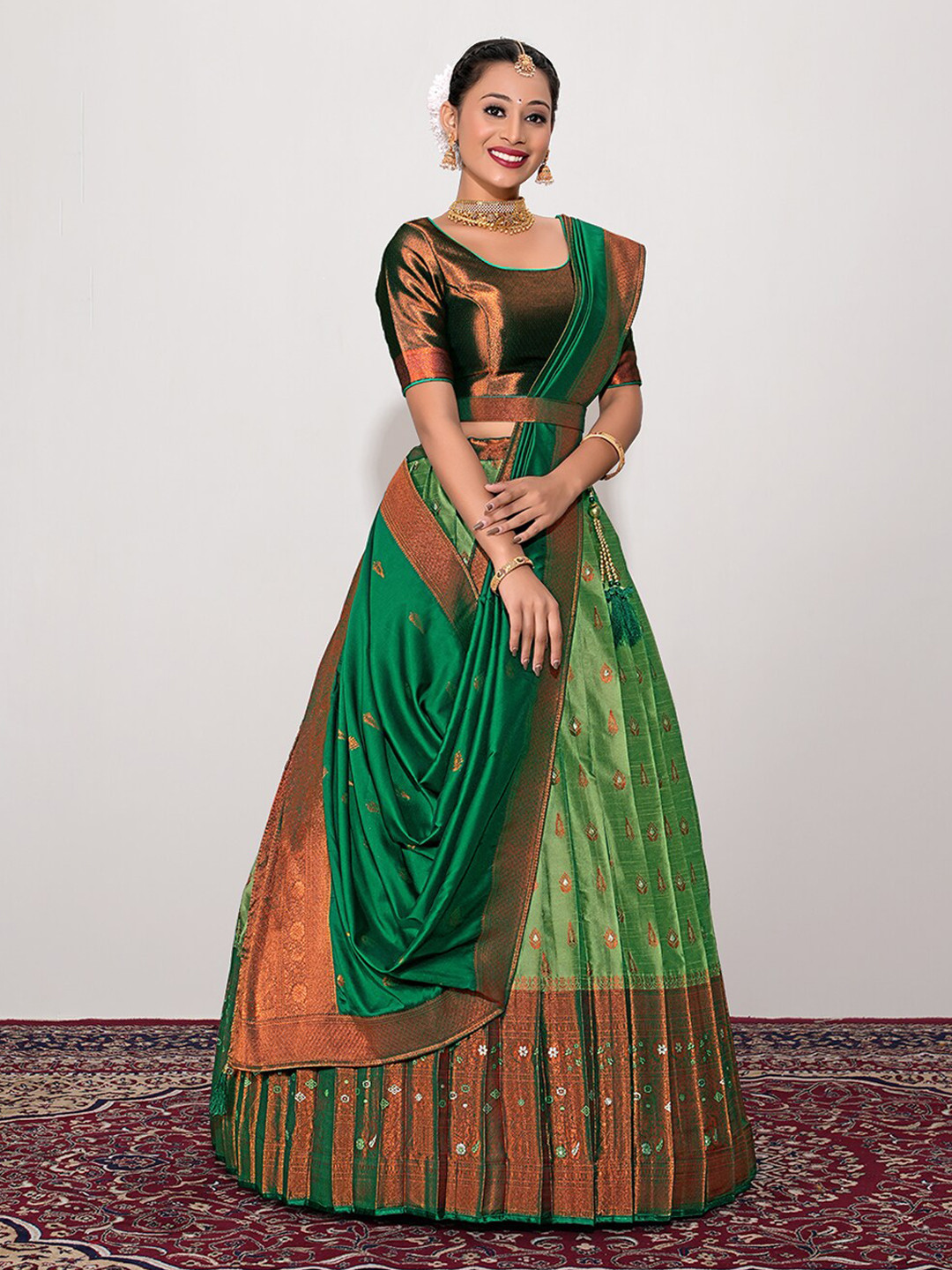 

HALFSAREE STUDIO Woven Designed Unstitched Lehenga & Semi-Stitched Blouse With Dupatta, Green