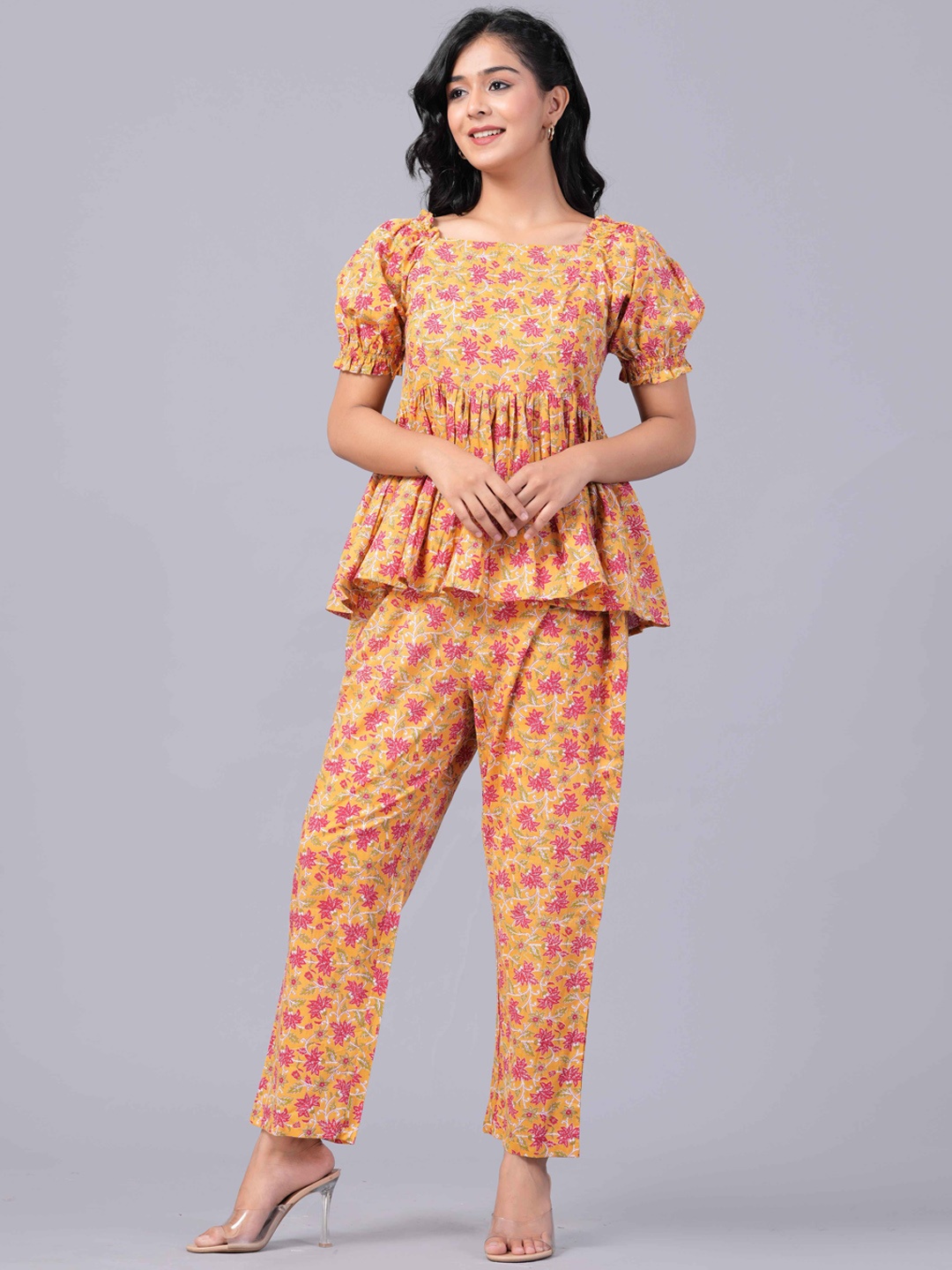 

ETC Printed Pure Cotton Top With Trousers, Yellow