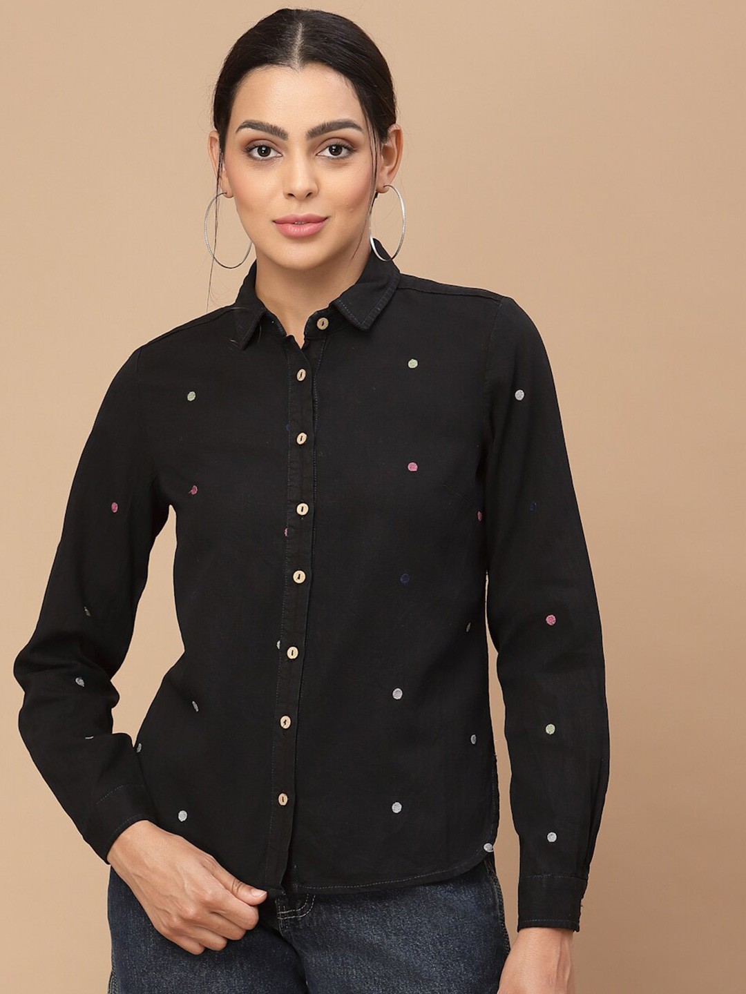 

HOUSE OF KKARMA Spread Collar Embroidered Cotton Casual Shirt, Black