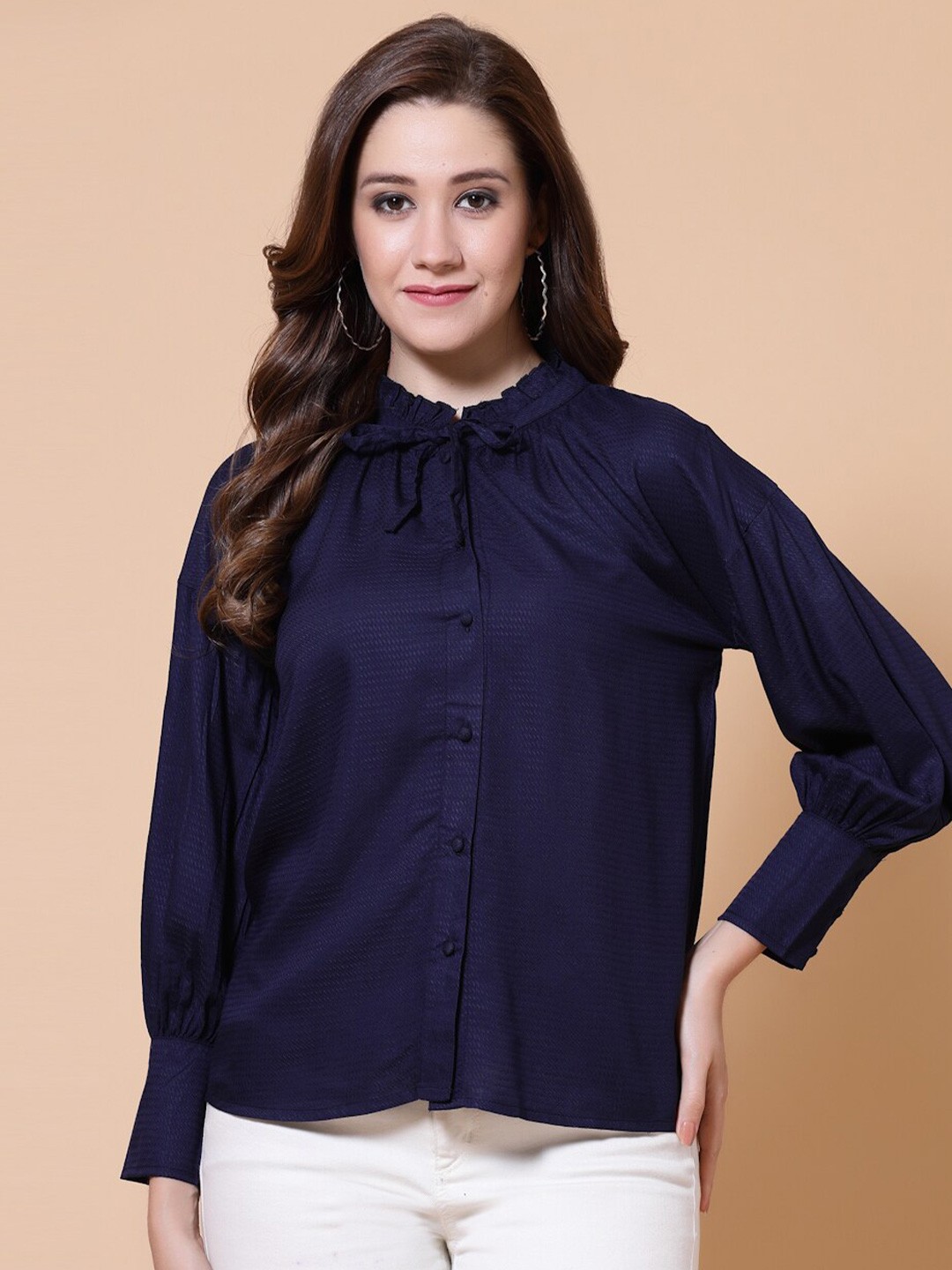 

HOUSE OF KKARMA Tie Up Neck Cuffed Sleeves Shirt Style Top, Blue