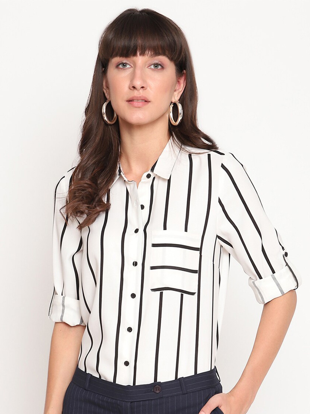 

HOUSE OF KKARMA Striped Spread Collar Casual Shirt, White