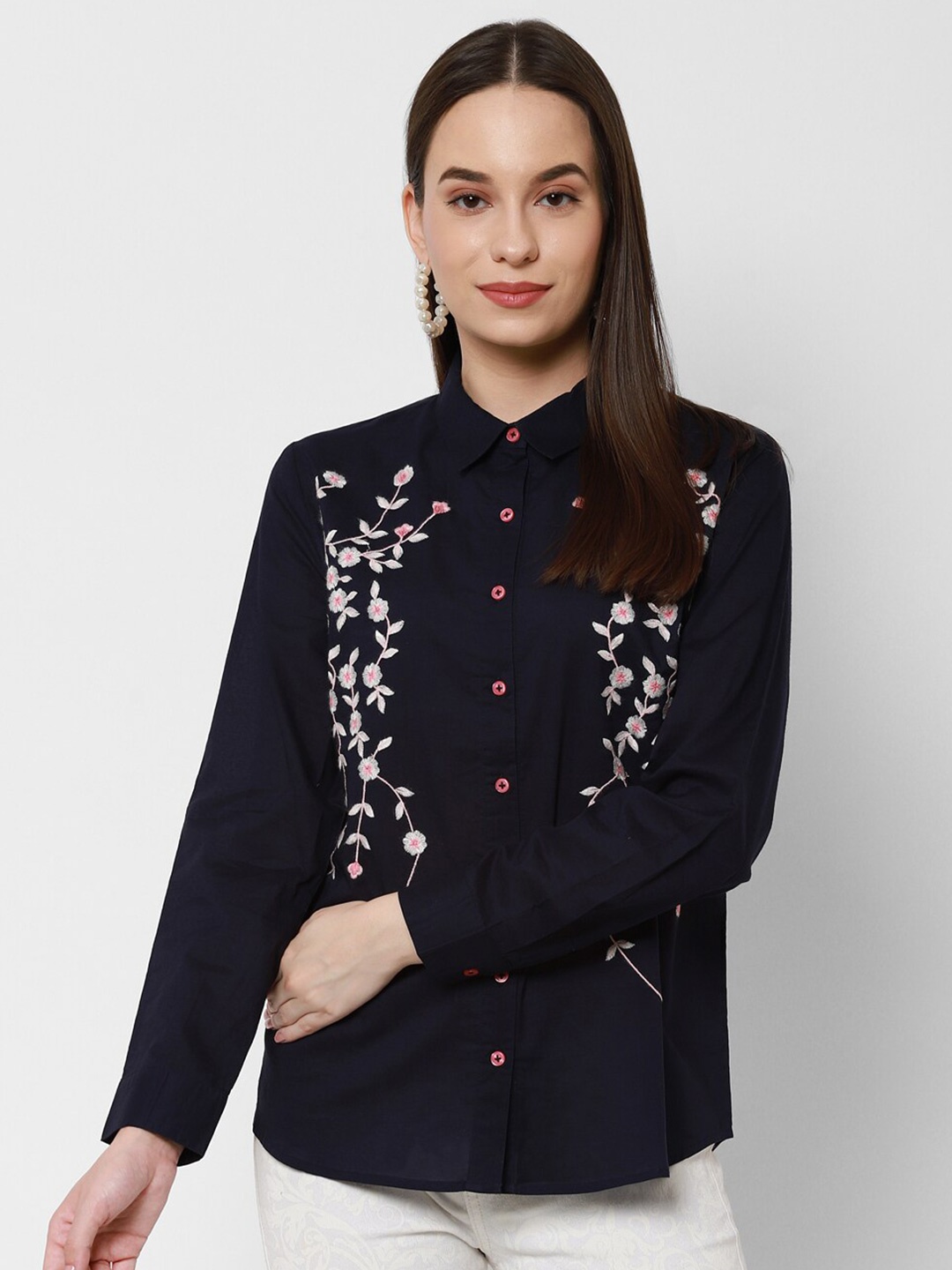 

HOUSE OF KKARMA Embroidered Spread Collar Cotton Casual Shirt, Navy blue