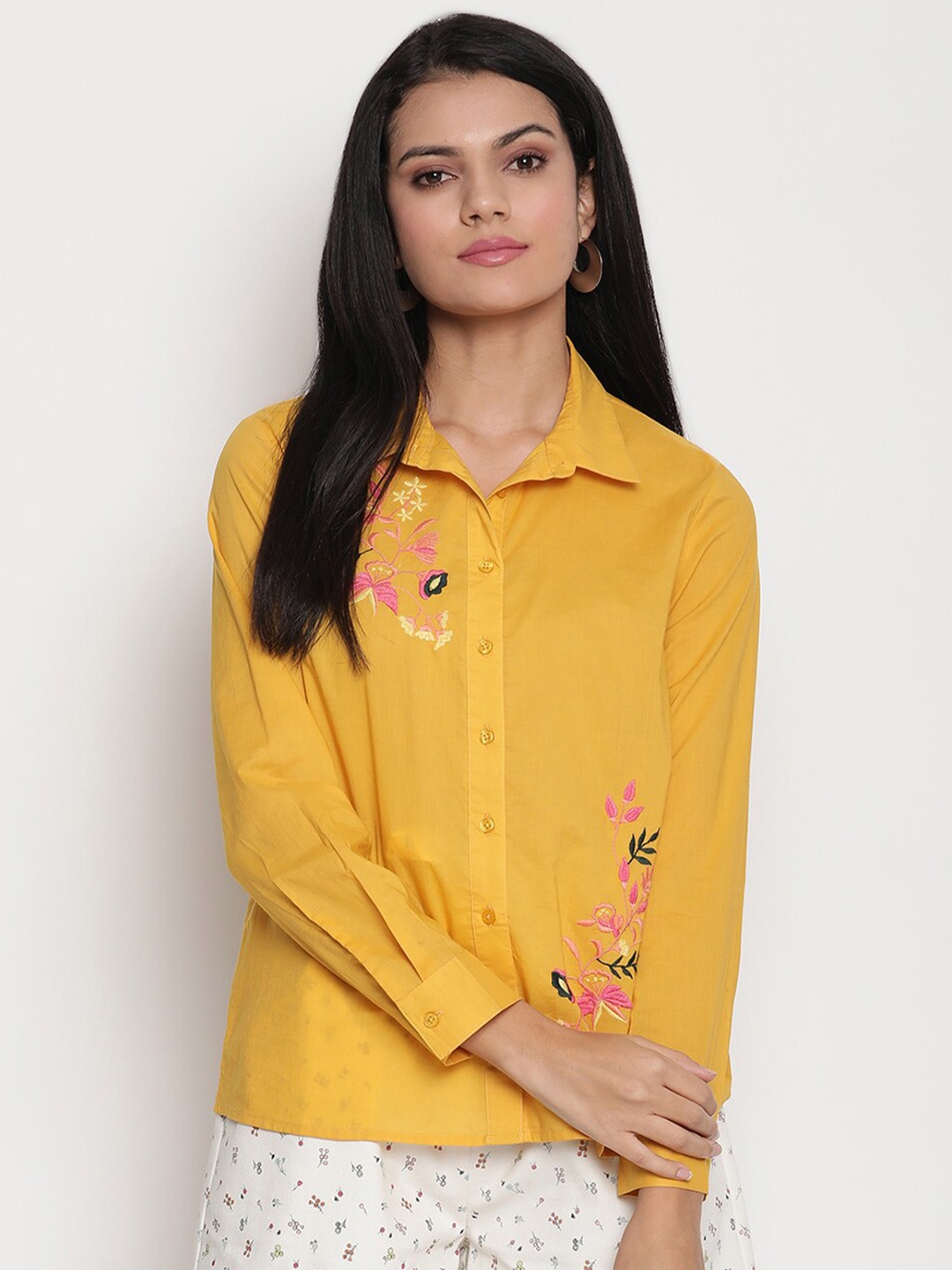 

HOUSE OF KKARMA Floral Embroidered Cotton Casual Shirt, Mustard