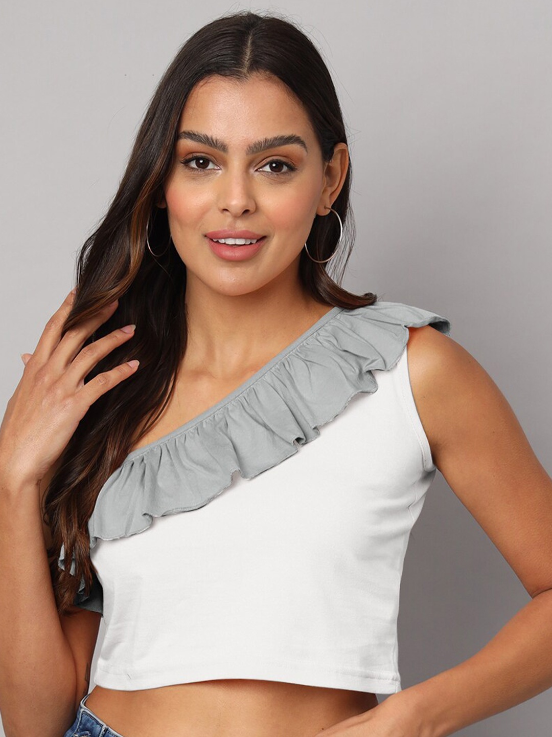 

BRINNS One Shoulder Ruffled Pure Cotton Crop Top, White