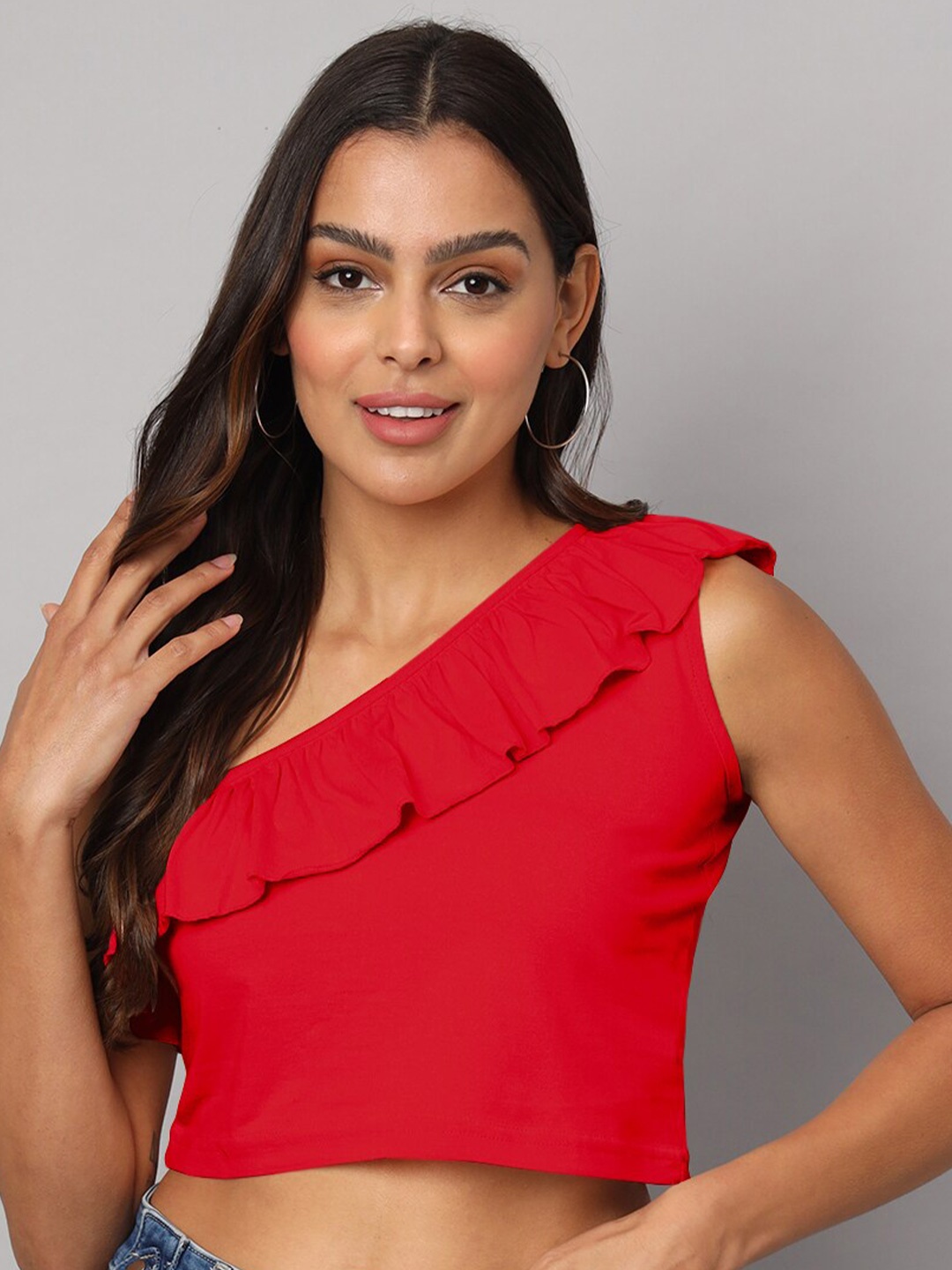 

BRINNS One Shoulder Ruffled Pure Cotton Crop Top, Red