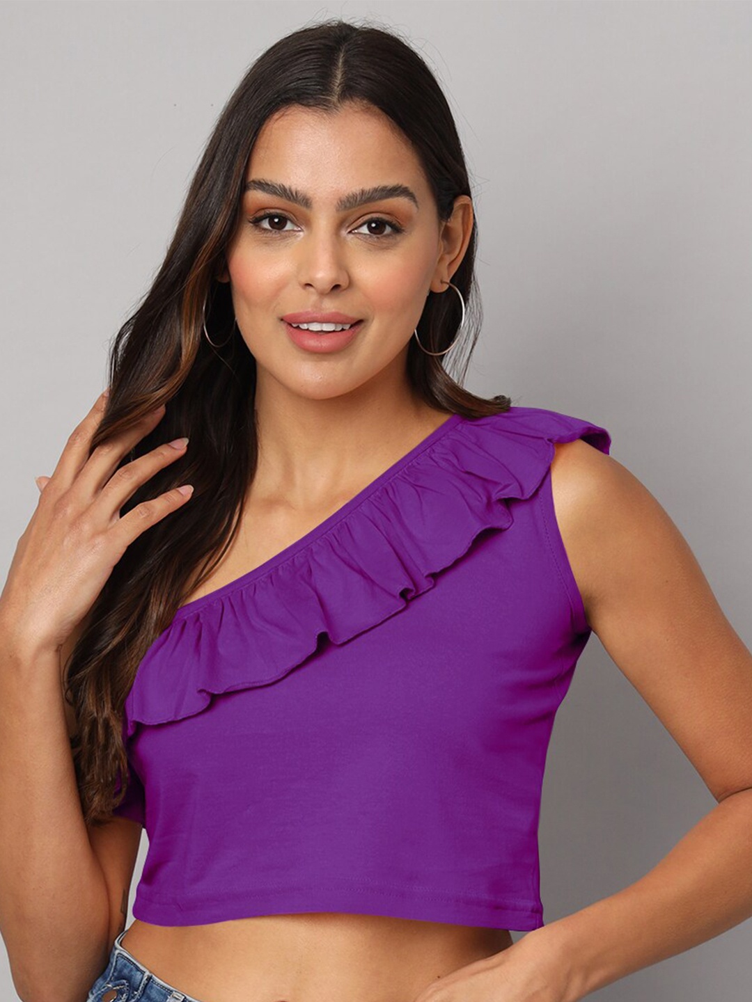 

BRINNS One Shoulder Ruffled Pure Cotton Crop Top, Purple