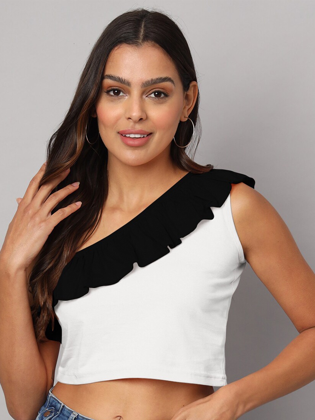 

BRINNS One Shoulder Ruffled Pure Cotton Crop Top, White