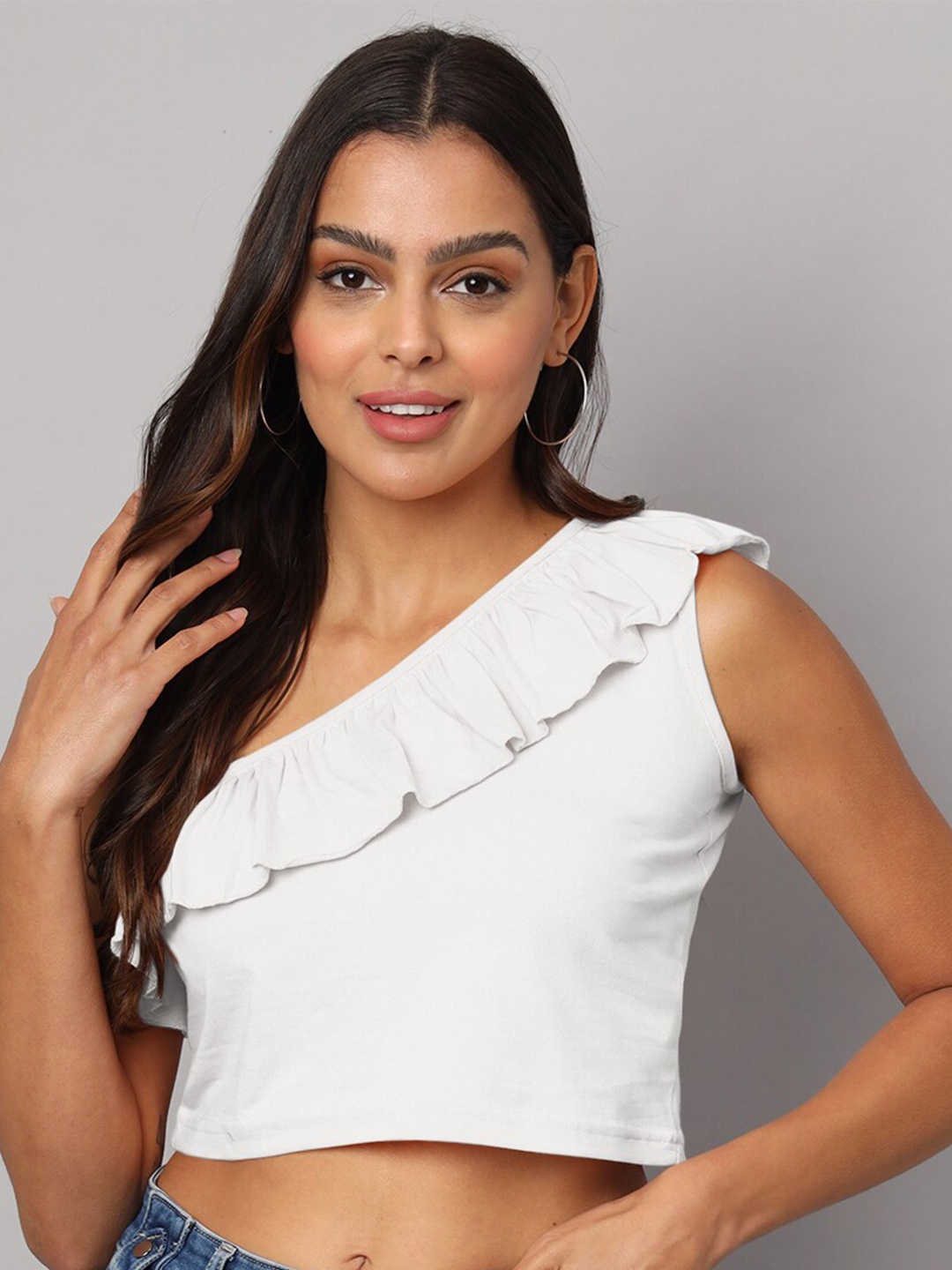 

BRINNS One Shoulder Ruffled Pure Cotton Crop Top, White