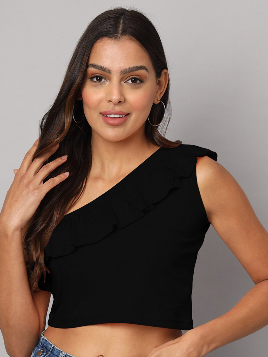 

BRINNS One Shoulder Ruffles Pure Cotton Fitted Crop Top, Black