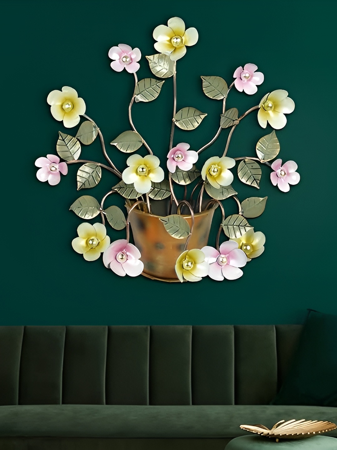 

CraftVatika Green Metal Flower Pot Large Wall Art Mounted Hanging Showpiece