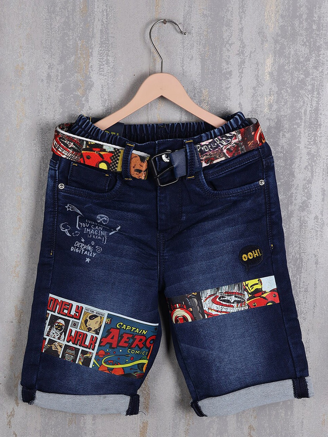 

Albion Boys Graphic Printed Denim Shorts, Navy blue