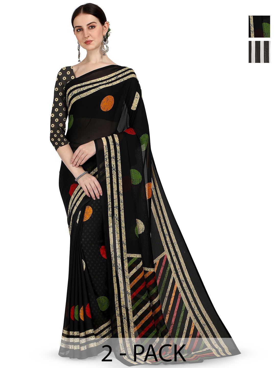 

ANAND SAREES Selection Of 2 Striped Saree, Black