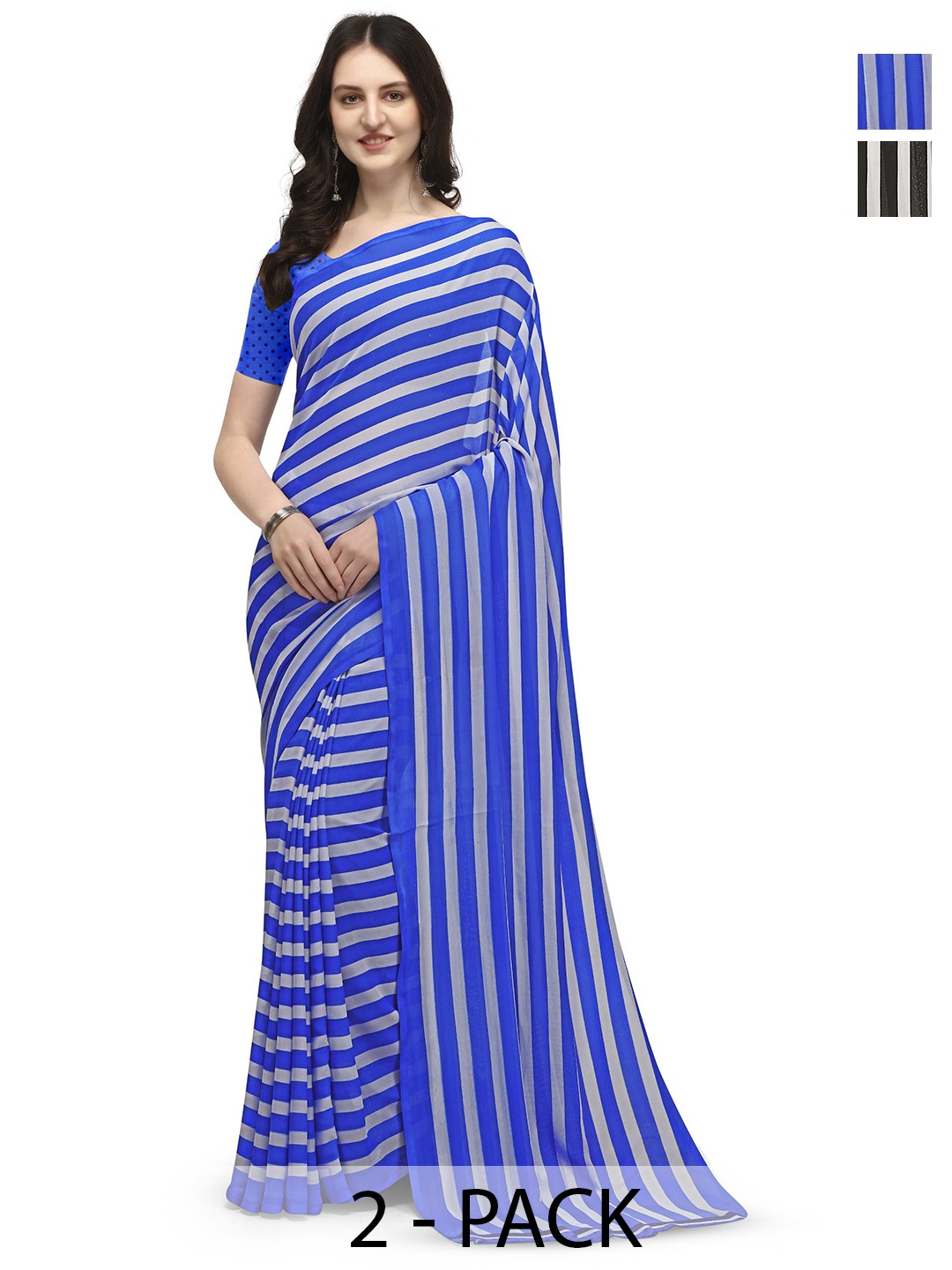 

ANAND SAREES Selection Of 2 Striped Saree, Blue