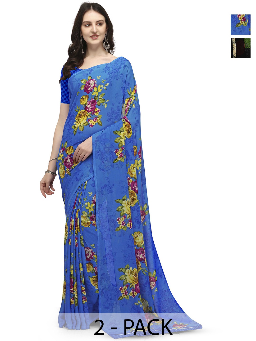 

ANAND SAREES Selection Of 2 Floral Saree, Blue