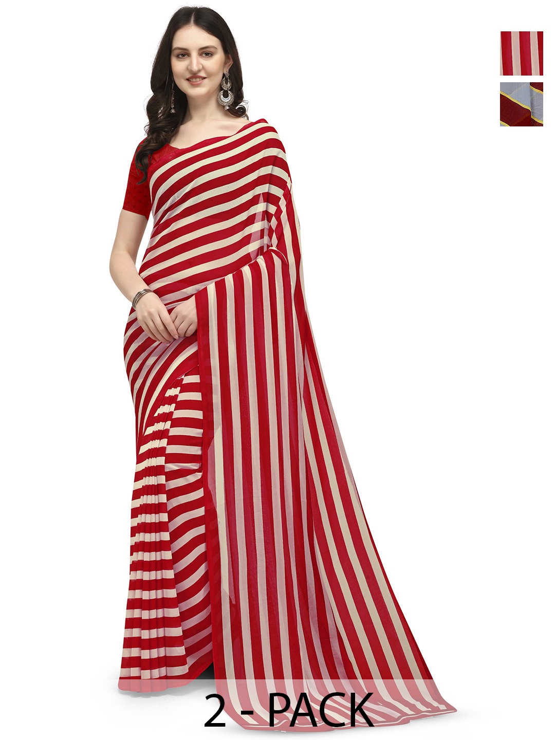 

ANAND SAREES Striped Poly Georgette Saree, Red