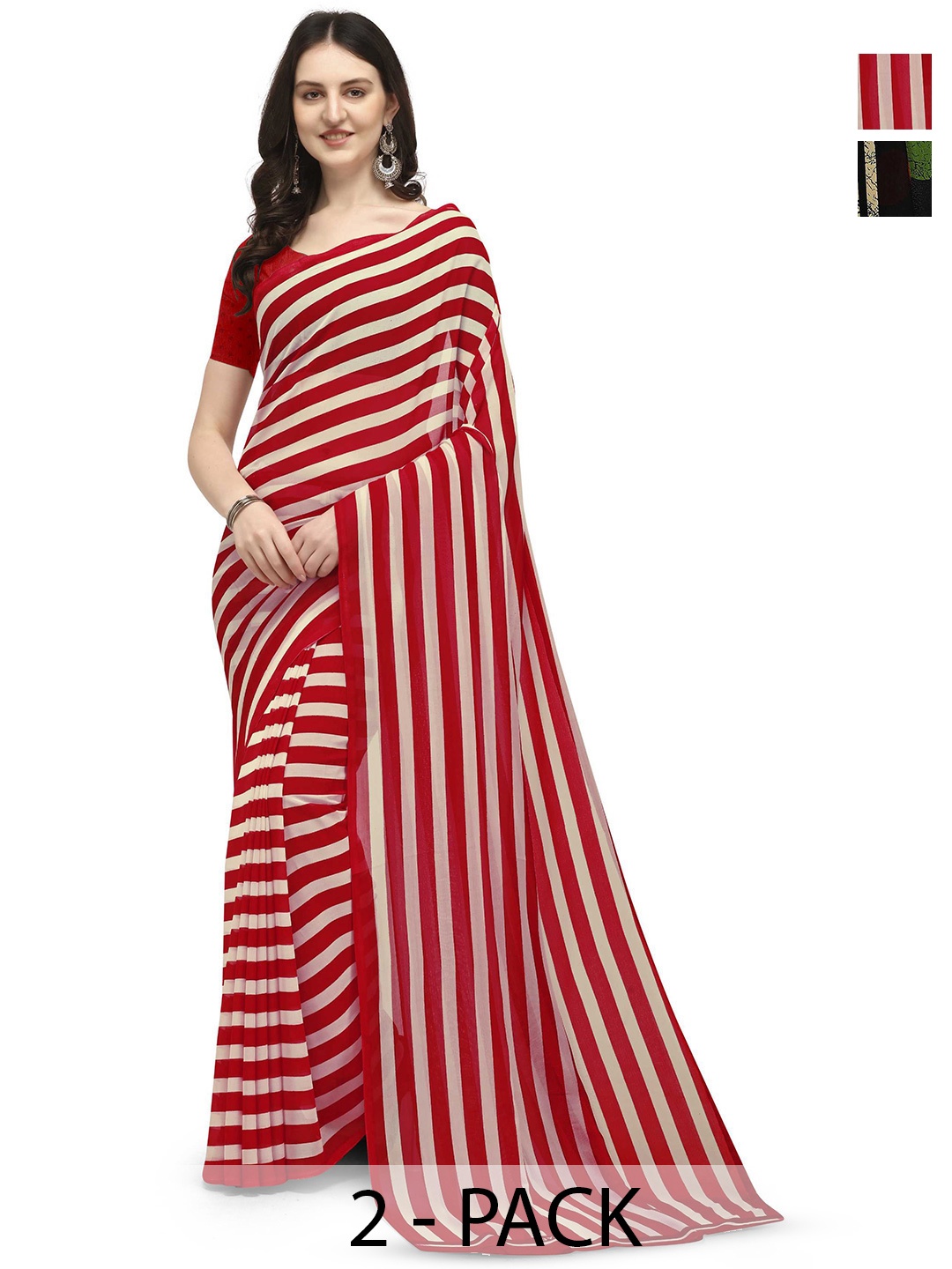 

ANAND SAREES Selection Of 2 Striped Sarees, Red